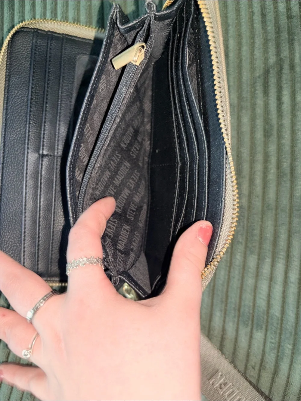 Steve Madden Olive Green Zip-Around Wristlet Wallet with Gold Bar